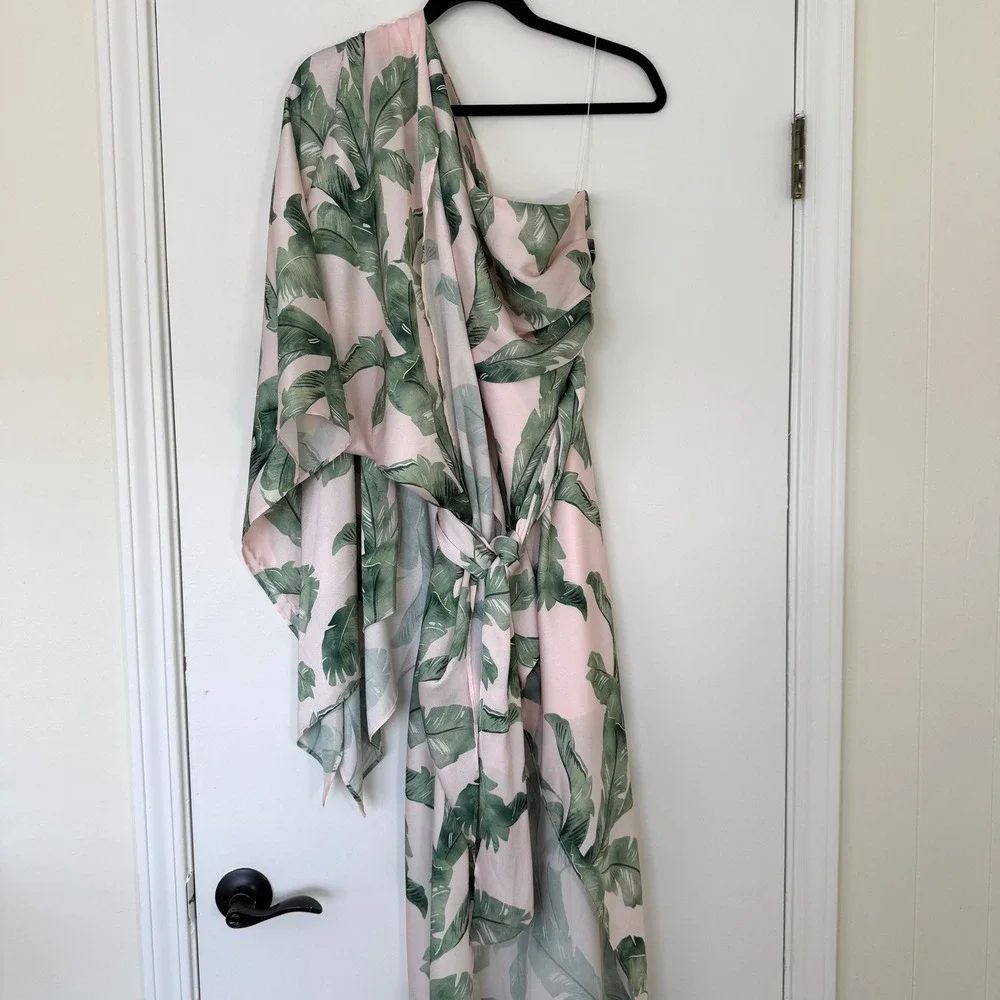 Significant Other $329 Pink Green Tropical Leaf‎ One Shoulder Maxi Dress US 10